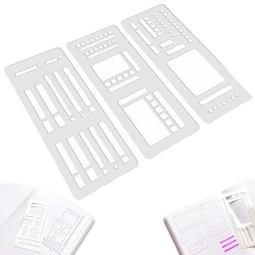 Handmade Flexible Record Template, 3-Pack Reusable Planner Drafting Tools Sets for Dot Grid Journals Compatible with Coils Discs and Rings for Journaling, Checklists, Boxes, Lines(Style A) von REALOKMAN