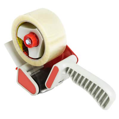 Realpack® 1 x strapazierfähiger Klebebandabroller + 2 Rollen transparentes Klebeband 50 mm x 66 m – einfach zu benutzende Metall/Kunststoff Verpackungsband-Rollenabroller von REALPACK