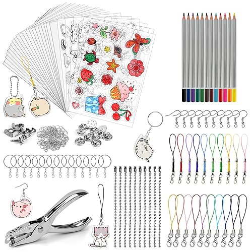 REAQUE Schrumpffolie Set Schlüsselanhänger, 238 Stück Schrumpffolien Set enthalten 25 Stück DIN A4 (20x29cm) Schrumpffolien Kunstdruckpapier, Locher, Karabinerverschlüsse und Ringe, Bleistifte von REAQUE