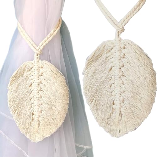 2 Stück Raffhalter Boho Vorhanghalter Blätter Baumwolle Makramee Gardinenhalter Vorhang Zugband Gardine Beige Baumwollseil Holdbacks Tiebacks Clips Feder Seilhalter (2 Stück), Weiß, 14.5 * 12CM von REBECASKYENS