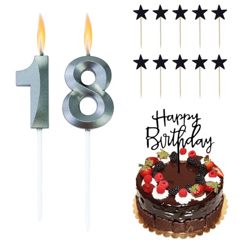 Geburtstagskerzen Zahlen 18, Torten Deko 18. Geburtstag Mädchen, Tortendeko Mädchen 18. Geburtstag, Happy Birthday Tortendekoration für 18 Party (Schwarz), mit 10 Stern-Kuchenaufsätze von REBECCAHOWARD