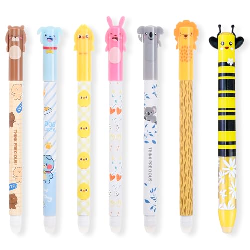 REBECCAHOWARD 6 Stück Radierbarer Kugelschreiber, 0,5mm Gelstifte Radierbar Tintenroller Radierstift mit Schwarzer Tinte Radierbare Stifte Tiere Erasable Pen, mit 1 Stück 0,7mm Gelstift von REBECCAHOWARD