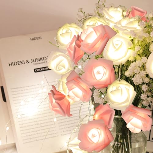 RECUTMS Lichterkette mit Rosenblüten, 20 LEDs, künstliche Rosengirlande, batteriebetrieben, für Valentinstag, Hochzeit, Muttertag, Mädchen, Zuhause, Innen- und Außenbereich, Dekoration (Rosa + Weiß) RECUTMS Lichterkette mit Rosenblüten, 20 LEDs, künstliche Rosengirlande, batteriebetrieben, für Valentinstag, Hochzeit, Muttertag, Mädchen, Zuhause, Innen- und Außenbereich, Dekoration (Rosa + Weiß) von RECUTMS