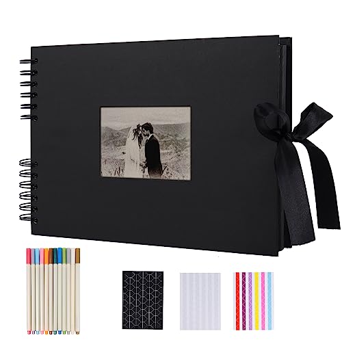 RECUTMS Scrapbook Kit Fotoalbum Erinnerungsbuch DIY mit Einband Fototasche Schwarz 80 Seiten Seidenband Bastelpapier Album für Gästebuch Jahrestag Hochzeit Valentinstag (Schwarz) von RECUTMS