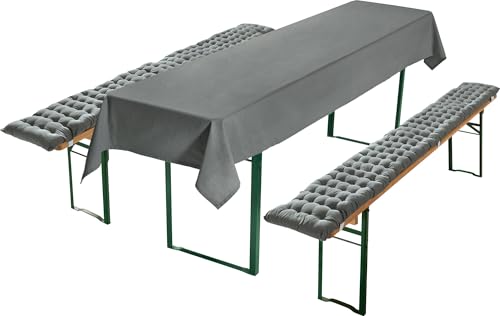 REDBEST Bierbank-Auflagen und Tischdecke 3-teilig grau Größe 110x260 cm - strapazierstark und langlebig, bequemer Sitzkomfort, mit elastischen Bändern von REDBEST