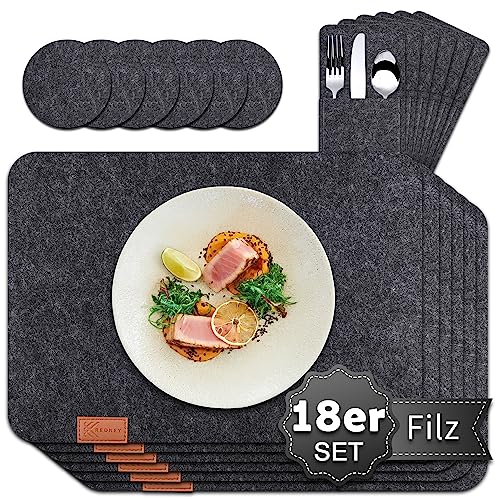 REDKEY 18er Set Tischsets Abwaschbar Platzsets aus Filz, Anthrazit 6er Platzsets, 6er Glasuntersetzer, 6er Bestecktaschen, Eckige Platzdeckchen Teller Untersetzer Filzset Filzmatte von REDKEY