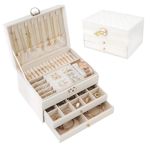 Schmuckkästchen Schmuckkasten Groß 3 Ebenen PU Schmuckschatulle Weiß Schmuckbox mit Schlüssel und Schubladen Schmuckaufbewahrung Organizers für Ohrringe, Armbänder, Ringe Schmuckkästchen Schmuckkasten Groß 3 Ebenen PU Schmuckschatulle Weiß Schmuckbox mit Schlüssel und Schubladen Schmuckaufbewahrung Organizers für Ohrringe, Armbänder, Ringe von REDKNOT