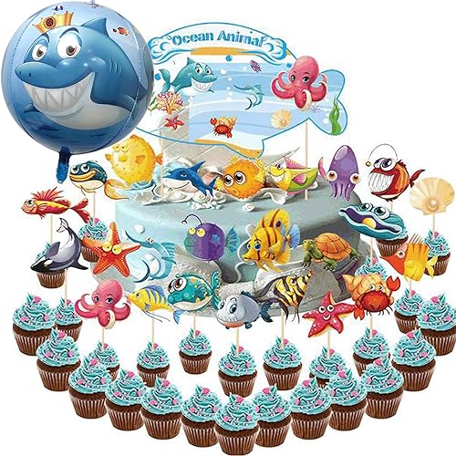 REDO 25 Stück Non-Repeat Kindergeburtstag Dekoration Geburtstagskuchen Topper Kuchendekoration Cupcake Dekoration Ozean Thema Kuchen Cupcake Dekoration Lieferungen Ozean von REDO