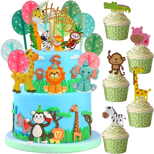 29 Stück 3D 1. Tier Geburtstag Tortendeko Safari Dschungel Tortendeko Waldtiere Geburtstag Party Happy Birthday Kuchen Deko Set Cupcake Cake Toppers Supplies Für Jungen Mädchen Kinder 1 Jahr (Zahl 1) von REDO