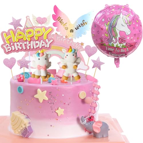 Einhorn Tortendeko 20 Stück Geburtstag Party Kuchen Deko Set mit Folienballon, Regenbogen, Stern, Herz, Flügel, Happy Birthday Topper für Kinder Mädchen Junge (Einhorn) von REDO