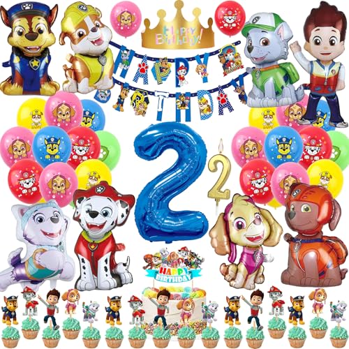 57 Stück 2. Kinder Cartoon Hund Geburtstag Party Deko Set Happy Birthday Banner, 9 Großer Folienballons, 20 Latex Ballons, Tortendeko, Kerzen, Geburtstags Mützen (Zahl 2) von REDO