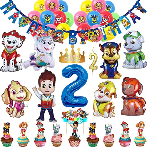 57 Stück 2. Kinder Cartoon Hund Geburtstag Party Deko Set Happy Birthday Banner, 9 Großer Folienballons, 20 Latex Ballons, Tortendeko, Kerzen, Geburtstags Mützen (Zahl 2) von REDO