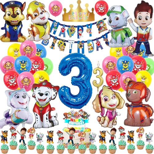 57 Stück 3. Kinder Cartoon Hund Geburtstag Party Deko Set Happy Birthday Banner, 9 Großer Folienballons, 20 Latex Ballons, Tortendeko, Kerzen, Geburtstags Mützen (Zahl 3) von REDO