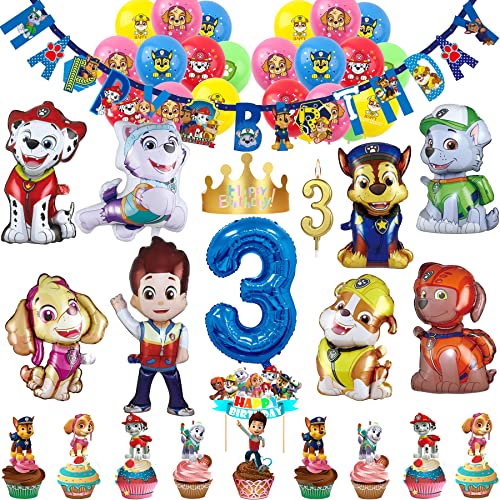 57 Stück 3. Kinder Cartoon Hund Geburtstag Party Deko Set Happy Birthday Banner, 9 Großer Folienballons, 20 Latex Ballons, Tortendeko, Kerzen, Geburtstags Mützen (Zahl 3) von REDO