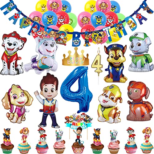 57 Stück 4. Kinder Cartoon Hund Geburtstag Party Deko Set Happy Birthday Banner, 9 Großer Folienballons, 20 Latex Ballons, Tortendeko, Kerzen, Geburtstags Mützen (Zahl 4) von REDO