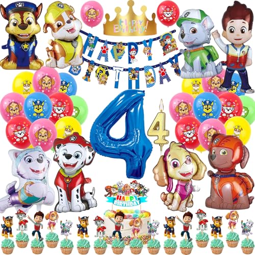 57 Stück 4. Kinder Cartoon Hund Geburtstag Party Deko Set Happy Birthday Banner, 9 Großer Folienballons, 20 Latex Ballons, Tortendeko, Kerzen, Geburtstags Mützen (Zahl 4) von REDO