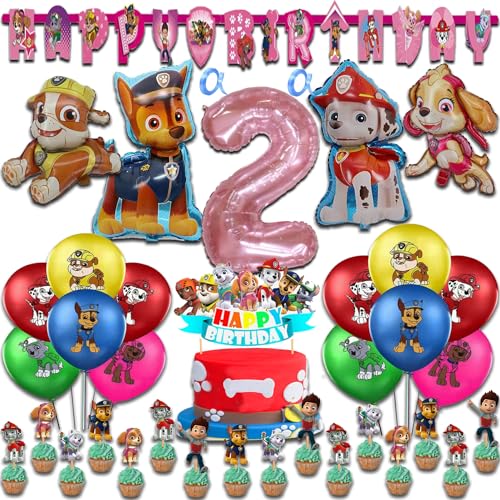 Cartoon Dog Rosa Geburtstags dekoration Set für 2-jährige Mädchen einschließlich Happy Birthday Banner, Latexballons, Folienballons, Tortendekoration, Cupcake Dekoration (Nr. 2) von REDO