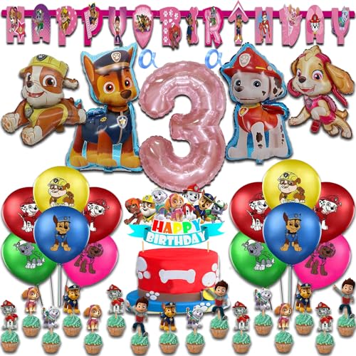 Cartoon Dog Rosa Geburtstags dekoration Set für 3-jährige Mädchen einschließlich Happy Birthday Banner, Latexballons, Folienballons, Tortendekoration, Cupcake Dekoration (Nr. 3) von REDO
