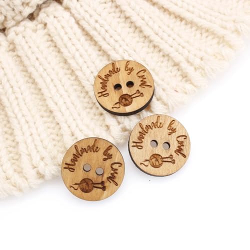 Holzknopfanhänger, personalisierte oder individuelle Holz-Etiketten, Geschenk-Etiketten, lasergraviert, gestrickt und gehäkelt, Bastellabor (Teakfarben, 25 x 25 mm) von REEG