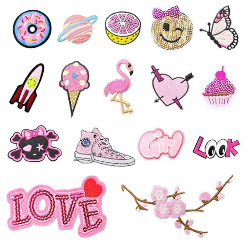 16 Stück Aufbügler-Patches für Kleidung, rosa bestickter Aufnäher, verschiedene Applikationsflicken, süße Aufbügler für Kleidung, Jeans, Jacken, Hüte, Schuhe, Rucksäcke, DIY-Zubehör 16 Stück Aufbügler-Patches für Kleidung, rosa bestickter Aufnäher, verschiedene Applikationsflicken, süße Aufbügler für Kleidung, Jeans, Jacken, Hüte, Schuhe, Rucksäcke, DIY-Zubehör von REEKNOKOL