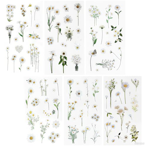REEKNOKOL 12 Bögen Blumenaufkleber, natürliche Gänseblümchenaufkleber, Selbstklebende Blumenaufkleber, Vinyl-Blumenaufkleber für Scrapbook-Zubehör, Karten, Laptops, Basteln, Flaschen, Journaling von REEKNOKOL