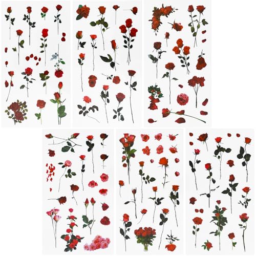 REEKNOKOL 12 Bögen Blumenaufkleber, natürliche Rosenaufkleber, Selbstklebende Blumenaufkleber, Vinyl-Blumenaufkleber für Scrapbook-Zubehör, Karten, Laptops, Basteln, Flaschen, Journaling von REEKNOKOL
