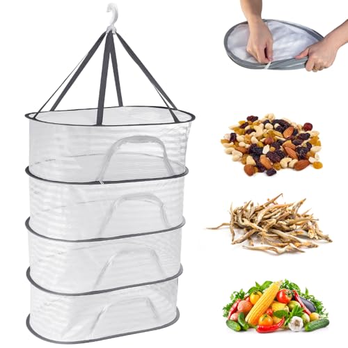 REFORUNG Trockennetz Kräuter 4 Schichten Kräutertrockner Netz Hängendes Kräutertrockennetz Kräuter Trocknungsnetz mit Reißverschluss Klappbar Aufhängen Trocken Netze Herb Drying Rack für Obst Samen von REFORUNG