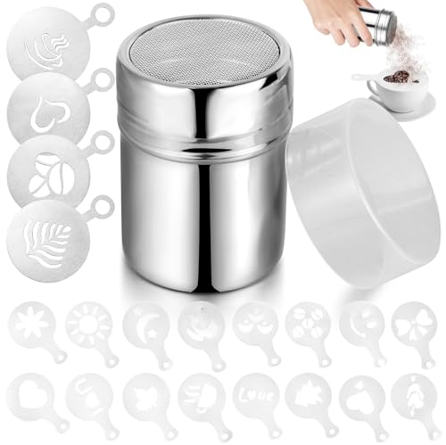 REJOECE Kakaostreuer für Cappuccino, Edelstahl Pulverstreuer Schokoladenstreuer mit 4 Stück Edelstahl Cappuccino Schablonen,16 Stück Kaffee Schablonen, Kaffee Zubehör für Heiße Schokolade Dekoration REJOECE Kakaostreuer für Cappuccino, Edelstahl Pulverstreuer Schokoladenstreuer mit 4 Stück Edelstahl Cappuccino Schablonen,16 Stück Kaffee Schablonen, Kaffee Zubehör für Heiße Schokolade Dekoration von REJOECE