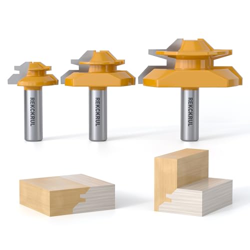 REKCKRUL Professionelles 45-Grad-Gehrungsfräser-Set mit Hartmetallspitze, 1,27 cm Schaft, Schnitthöhe: 1,27 cm, 1,9 cm, 2,5 cm, Holzbearbeitungswerkzeuge für Schränke, Schubladen, Türen und Möbel, 3 von REKCKRUL