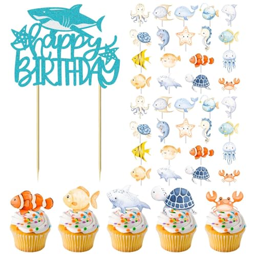RELKLYU 36 Marine Animal Card -Einsätze Und 1 Geburtstagskarteneinsatz, Kinderkuchendekorationen, Kreative Und Lustige Karteneinsätze. von RELKLYU