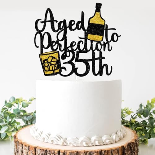 Aged To Perfection 35th Birthday Cake Topper - Wine 35th Birthday Black Glitter Cake Topper - Vintage 1990 Happy 35th Birthday Party Cake Decoration Black and Gold Glitter (35) von REMAX