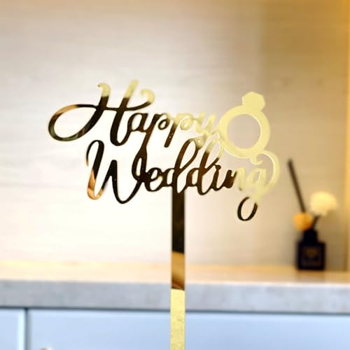 Happy Wedding Cake Topper Schwarz Acryl Hochzeit Kuchen Dekoration Schild Hochzeit Party Supplies mit Ring Design (Gold) von REMAX