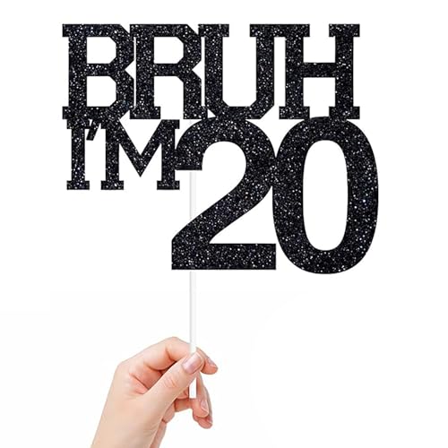 Tortenaufsatz, Motiv: Bruh I'm 20, mit Aufschrift "It's My Birthday Bro, Cheers to 20 Years, Happy 20th Birthday", Kuchendekoration, Partydekoration, Schild, 15 x 12 cm, Schwarz, 20 Stück Tortenaufsatz, Motiv: Bruh I'm 20, mit Aufschrift "It's My Birthday Bro, Cheers to 20 Years, Happy 20th Birthday", Kuchendekoration, Partydekoration, Schild, 15 x 12 cm, Schwarz, 20 Stück von REMAX