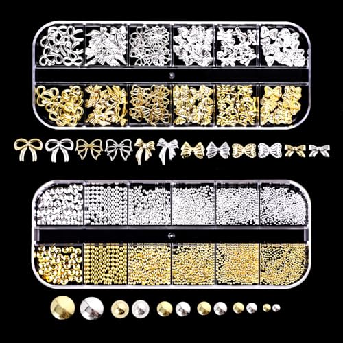 REMMUSSS Strasssteine Nägel, 2 Boxen Gold Silber Micro Kaviar Schleifen Nail Charms, Mix Größe Nagel Glitter Gold Metall Hohlniet Nagelkunst 3D-Herz Schleife Nagel Zubehör für DIY Nageldesign REMMUSSS Strasssteine Nägel, 2 Boxen Gold Silber Micro Kaviar Schleifen Nail Charms, Mix Größe Nagel Glitter Gold Metall Hohlniet Nagelkunst 3D-Herz Schleife Nagel Zubehör für DIY Nageldesign von REMMUSSS