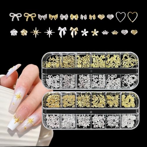 REMMUSSS Strasssteine Nägel, 2 Boxen Gold Silber Stern Schleifen Nail Charms, Mix Größe Nagel Glitter Gold Metall Hohlniet Nagelkunst Stern Mond Sonne Nagel Zubehör für DIY Nageldesign REMMUSSS Strasssteine Nägel, 2 Boxen Gold Silber Stern Schleifen Nail Charms, Mix Größe Nagel Glitter Gold Metall Hohlniet Nagelkunst Stern Mond Sonne Nagel Zubehör für DIY Nageldesign von REMMUSSS