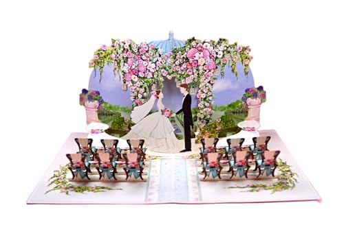 3D Pop-Up Hochzeitskarte Hochzeitszeremonie im Rosengarten, 15 x 20 cm, Romantische Gartenhochzeit Design mit Blumenpergola auch für Geldgeschenk oder Gutschein mit Weißem Umschlag von REMOtech