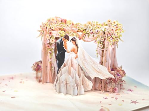 Eine Romantische 3D Pop-up Hochzeitskarte, Glückwunschkarte zur Hochzeit, Bräutigam und Braut unter Blumenbogen auch für Geldgeschenk oder Gutschein mit Weißem Umschlag von REMOtech