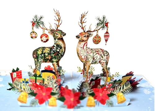 Exklusive 3D Pop-Up Weihnachtskarte mit Rentieren, Geschenken und festlicher Winterlandschaft – Handgefertigte Klappkarte 15x20 cm mit Umschlag für Weihnachten und besondere Grüße von REMOtech