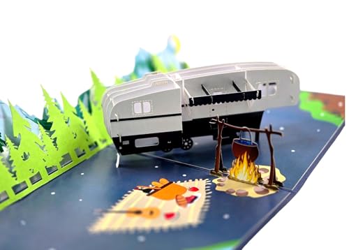 Pop-Up Grußkarte Wohnwagen Camping | 3D Klappkarte für Camper & Outdoor-Fans | Handgemachte Karte mit Lagerfeuer Szene von REMOtech
