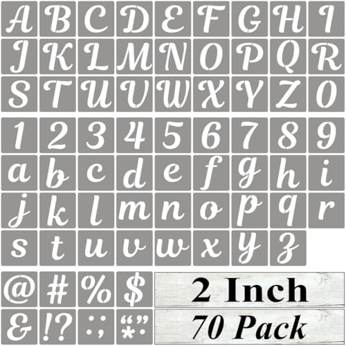 REOLAN 5,1 cm Buchstabenschablonen zum Bemalen – 70 Stück Alphabet-Buchstaben- und Zahlenschablonen mit Schildern zum Malen, wiederverwendbare kursive Alphabet-Schablonen für Kreidetafel, Holzhandwerk von REOLAN