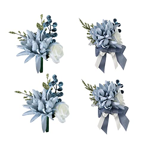 RESOYE 4 Stück Braut-Armband und Herren-Boutonniere-Set, blaue Handgelenk-Blumen und Ansteckblumen, für Hochzeit, Party, Abschlussball, Anzug RESOYE 4 Stück Braut-Armband und Herren-Boutonniere-Set, blaue Handgelenk-Blumen und Ansteckblumen, für Hochzeit, Party, Abschlussball, Anzug von RESOYE