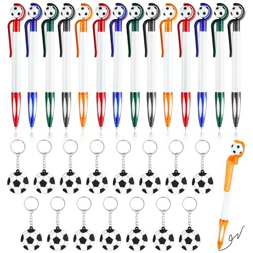 RETON 15 Stück Fußball Kugelschreiber, 1.0 mm schwarze Tinte Kugelschreiber, Fußball Partygeschenke Fußball Stifte, einziehbare Sportstifte für Schulbedarf, mit 15 Fußball Schlüsselanhängern von RETON