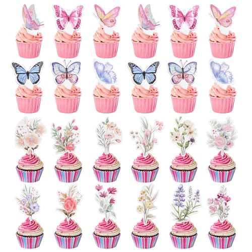 RETON 48 Stück Blumen und Schmetterlings Cupcake Deko, Tortendeko Schmetterling, Happy Birthday Cake Topper Schmetterling Deko, Butterfly Torten Deko Tortendeko Mädchen, Cupcake Topper für Geburtstag RETON 48 Stück Blumen und Schmetterlings Cupcake Deko, Tortendeko Schmetterling, Happy Birthday Cake Topper Schmetterling Deko, Butterfly Torten Deko Tortendeko Mädchen, Cupcake Topper für Geburtstag von RETON