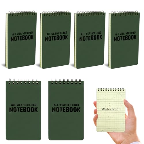 RETON 6 Stück Wasserdichte Notizblock, 3 x 5 Zoll Pocket Notizbuch, Allwetter-Notizblöcke mit Top-Spirale, Taktische Steno Blöcken mit Raster für Aktivitäten im Freien Aufnahmen von RETON