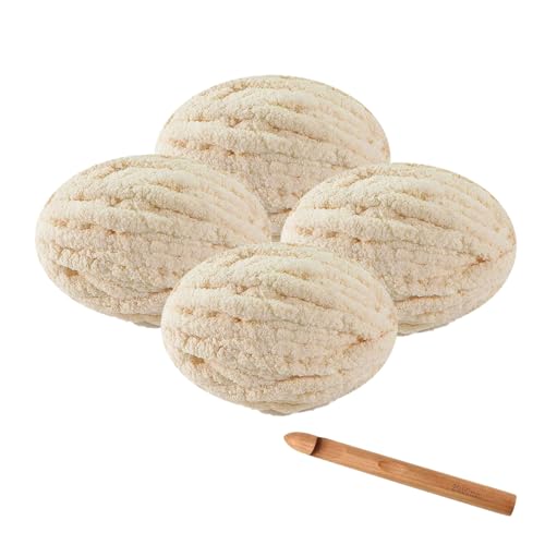 RETSAMV Häkelset 4×250g Häkelwolle mit großer Häkelnadel, 27m extra dickes Häkelgarn Strickgarn, flauschiges DIY-Garn für Schals Mützen Decken Haustiernester (Beige) von RETSAMV