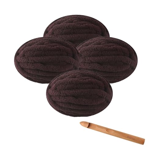 RETSAMV Häkelset 4×250g Häkelwolle mit großer Häkelnadel, 27m extra dickes Häkelgarn Strickgarn, flauschiges DIY-Garn für Schals Mützen Decken Haustiernester (Brown) von RETSAMV