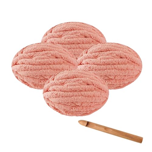 RETSAMV Häkelset 4×250g Häkelwolle mit großer Häkelnadel, 27m extra dickes Häkelgarn Strickgarn, flauschiges DIY-Garn für Schals Mützen Decken Haustiernester (Pink) von RETSAMV