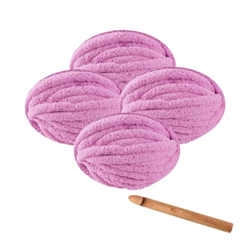 RETSAMV Häkelset 4×250g Häkelwolle mit großer Häkelnadel, 27m extra dickes Häkelgarn Strickgarn, flauschiges DIY-Garn für Schals Mützen Decken Haustiernester (Purple) von RETSAMV
