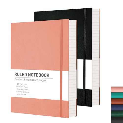 Notizbuch Softcover B5 Liniert - 2er Pack, RETTACY großes Tagebuch mit PU Leder, 100 g/m² Dickes Papier, 408 Nummerierten Seiten, Haftnotizen, 19 x 25 cm(schwarz, rosa) von RETTACY