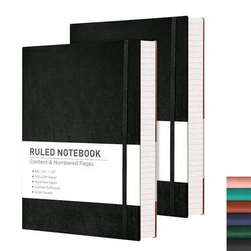 2er Pack Notizbuch B5 Liniert Softcover, RETTACY großes Tagebuch mit PU Leder, 100 g/m² Dickes Papier, 408 Nummerierten Seiten, Haftnotizen, 19 x 25 cm(schwarz, schwarz) von RETTACY